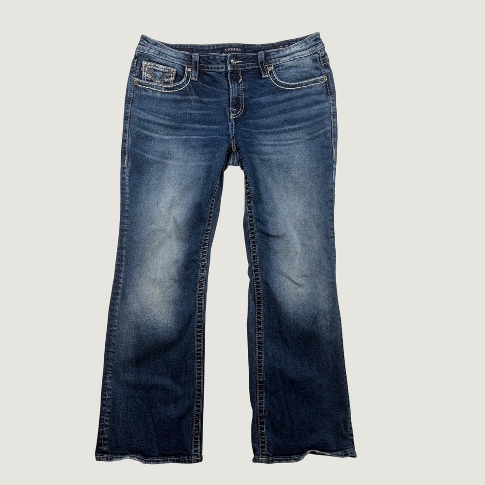 Vigoss Boot Cut Womens Heritage Fit Stretch Thick Stitch Jeans 16 L32 Blue Bling
